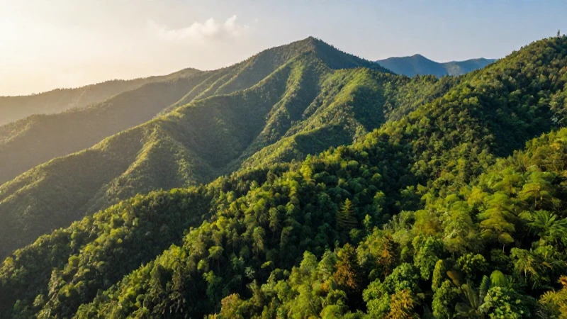 Montañas, bosque verde y luz dorada