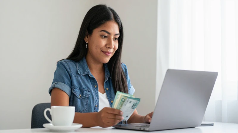 Mexicano mestizo paga cuentas online con laptop