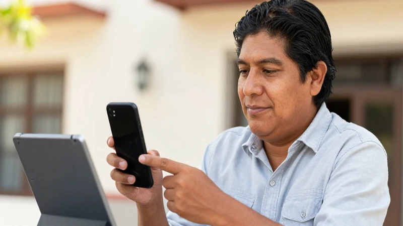 Mexicano con rasgos mestizos usa tecnología al sol