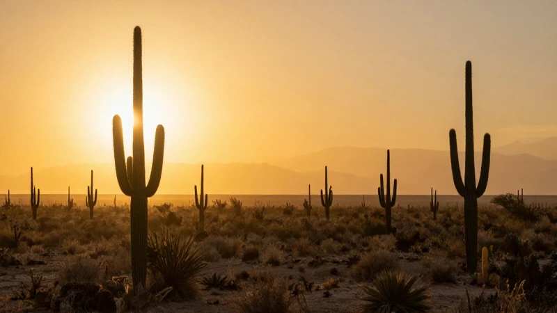 Descubre los Sorprendentes Climas de México: Tipos y Estados 2 Desierto dorado, siluetas de cactus, calor intenso