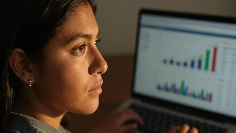 Joven mestiza evalúa datos al atardecer