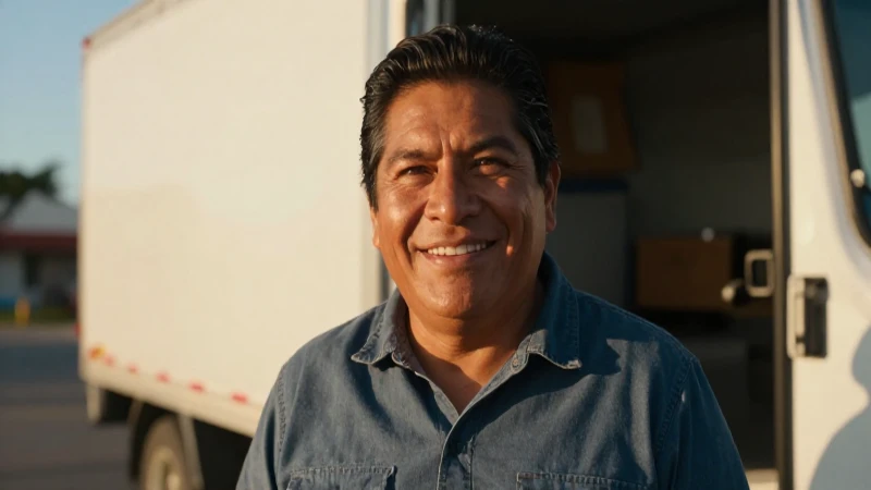Camionero mexicano sonríe al atardecer cálido