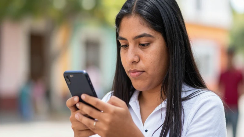 Mexicana, piel bronceada, usa smartphone a pleno sol
