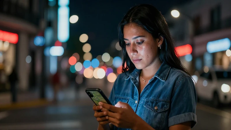 Joven mestiza observa un mapa urbano nocturno