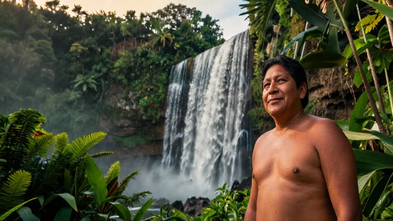 Fotografía de cascada tropical, serena y vibrante
