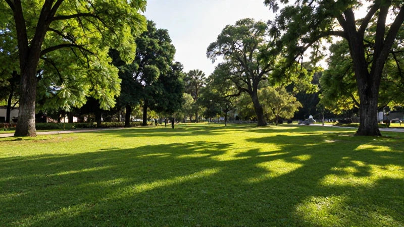 Parque verde y soleado, lleno de vida