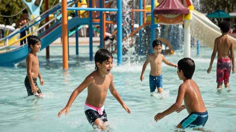 Niños se divierten en un parque acuático soleado