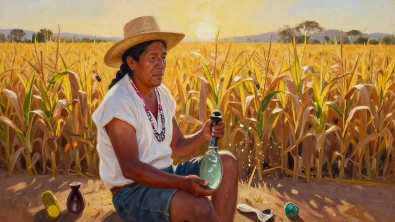 Agricultor mexicano, maíz, luz dorada, colores cálidos
