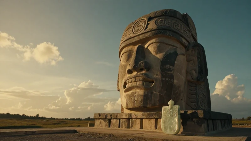 CULTURA OLMECA: Descubre su UBICACIÓN y CIUDADES CLAVE 3 Cabeza olmeca en dorado, realista y cinematográfico
