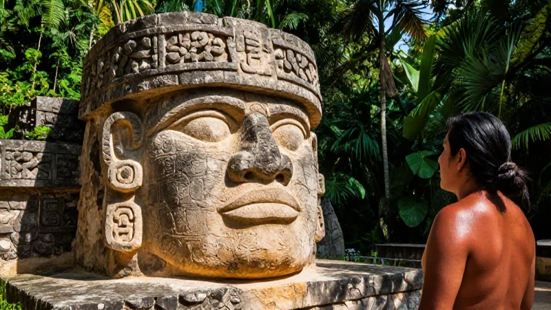 CULTURA OLMECA: Descubre su UBICACIÓN y CIUDADES CLAVE 5 Cabeza olmeca imponente en la jungla ancestral