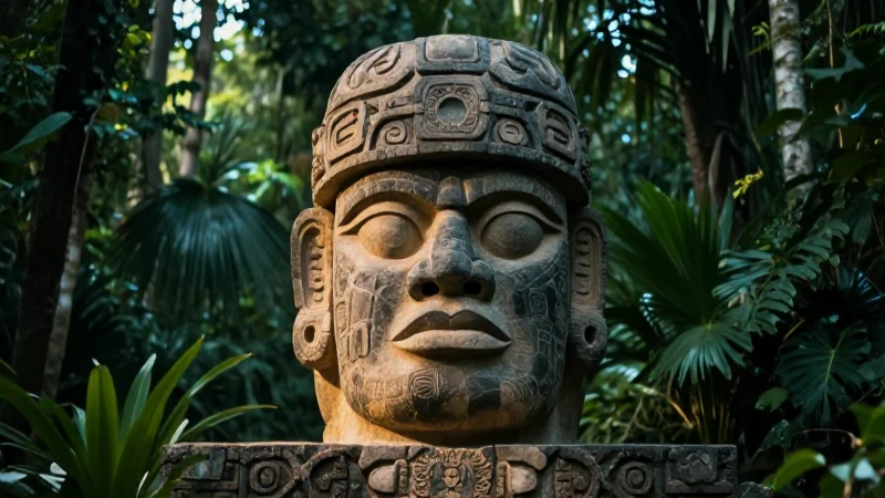 CULTURA OLMECA: Descubre su UBICACIÓN y CIUDADES CLAVE 4 Cabezas olmecas imponentes en selva cinematográfica