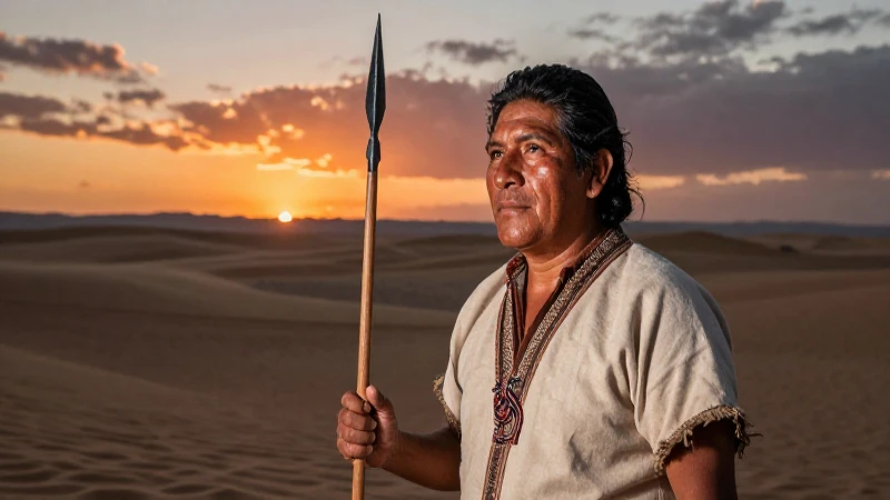 Cazador mestizo en el desierto al atardecer