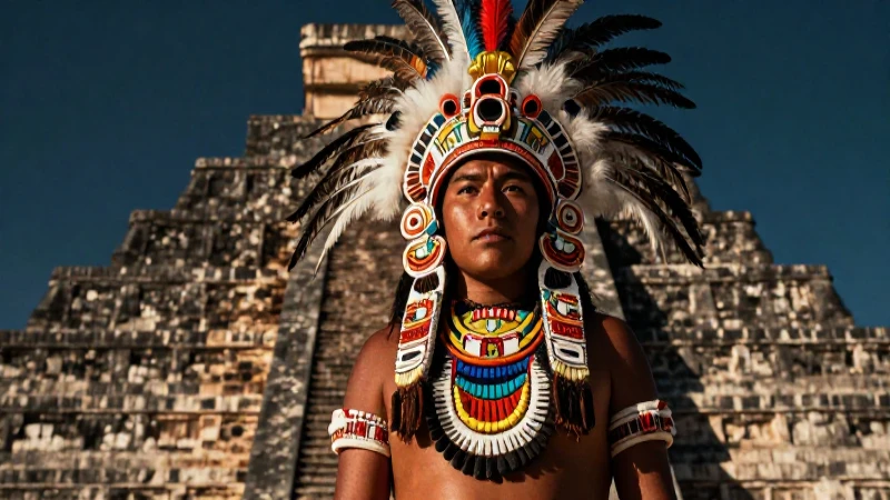 Cultura Zapoteca: Orígenes y Asombrosas Características 5 Dios zapoteca en pirámide, luz dramática y vibrante