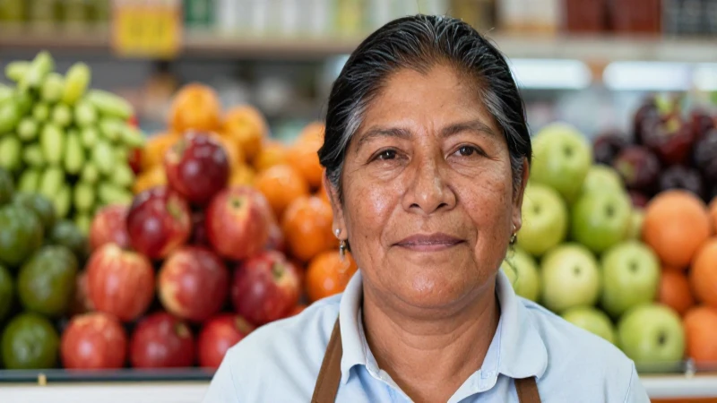 Comerciante mexicano con piel bronceada y productos frescos