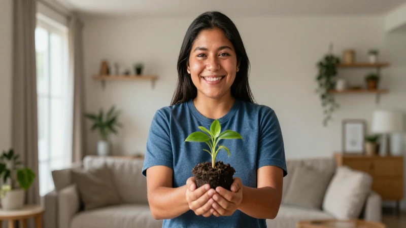 Mexicano sonriente cuida una planta en casa
