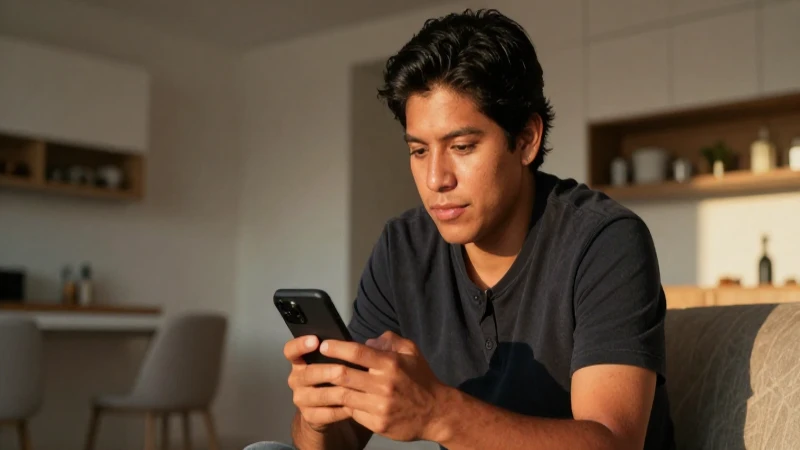 Mexicana, piel bronceada, usa teléfono en casa