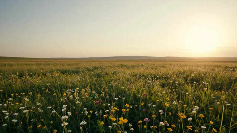 Explora la Flora Única del Estado de México y sus Ecosistemas 3 Pradera dorada, flores vibrantes, ambiente brumoso