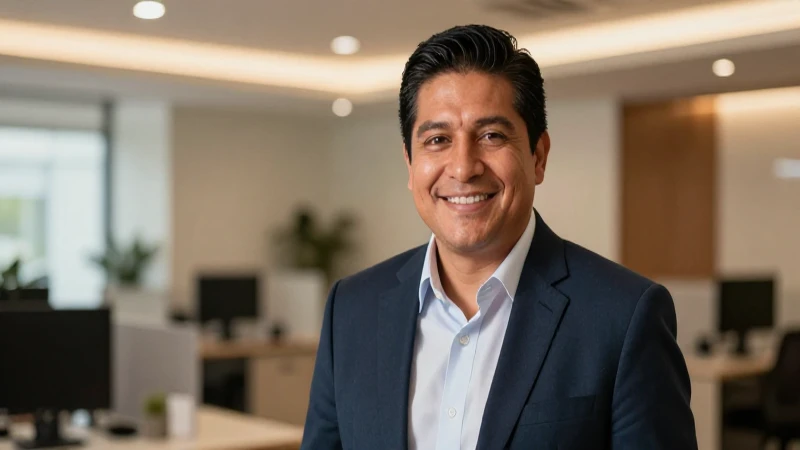Ejecutiva mexicana sonríe en su moderno oficina