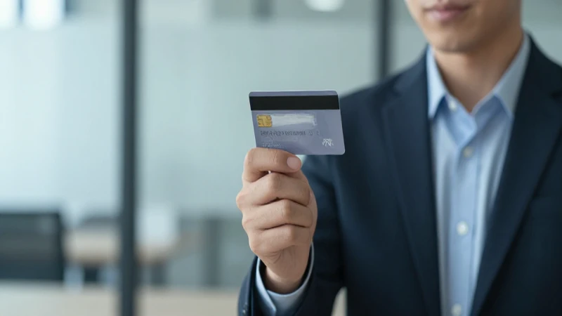 Hombre sostiene tarjeta en oficina moderna