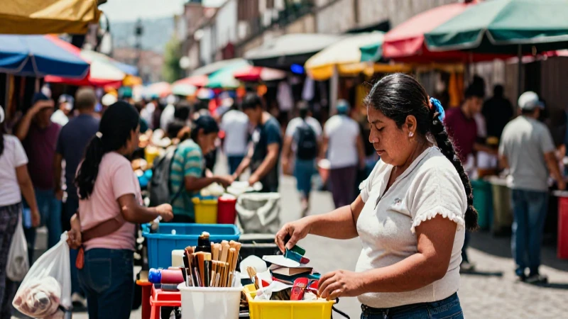Mercado mexicano vibrante, capturado con realismo cinematográfico