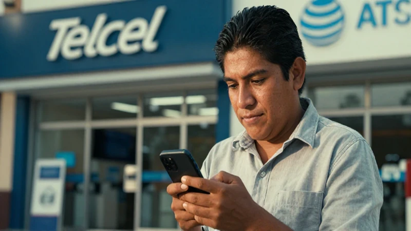 Persona mestiza con celular frente a tiendas