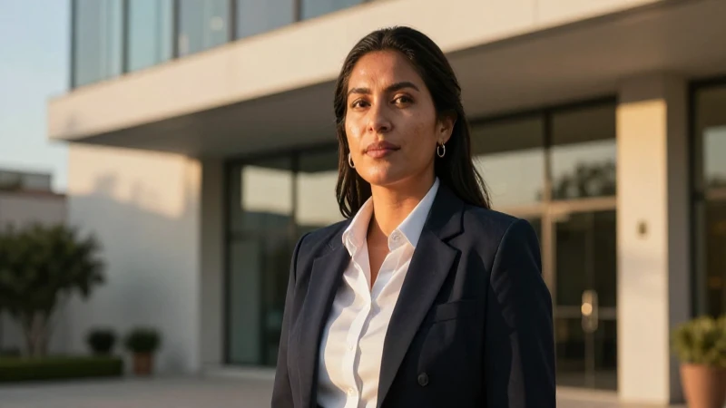 Profesional mexicana, cálida, en oficina moderna