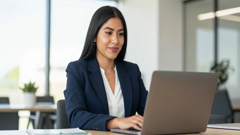 Profesional mexicana con laptop en oficina iluminada