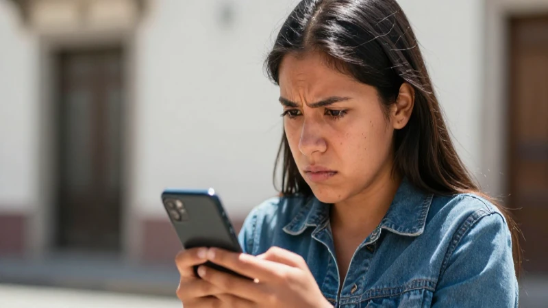Joven mestiza frustrada usa su móvil al sol