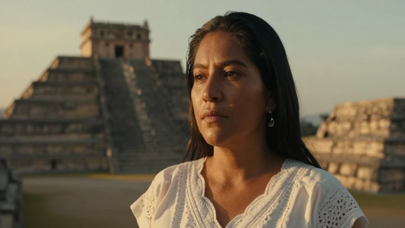Mujer mestiza frente a ruinas doradas