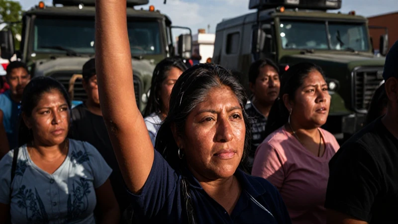 Manifestantes, vehículos militares, luz contrastada y textura documental