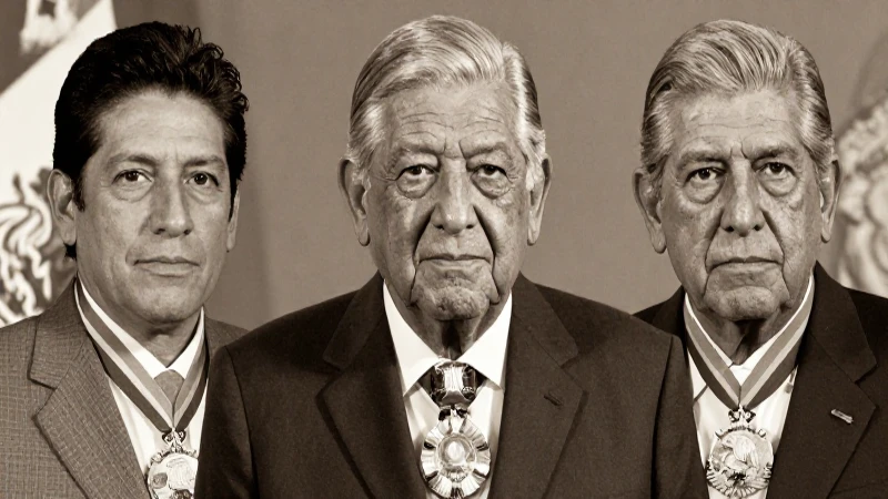 Retratos sepia de tres presidentes mexicanos formales