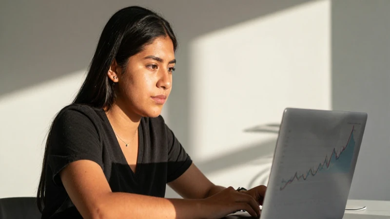 Persona mestiza, laptop, luz cálida y diseño moderno