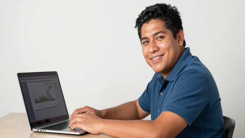 Persona mestiza sonríe frente a una laptop