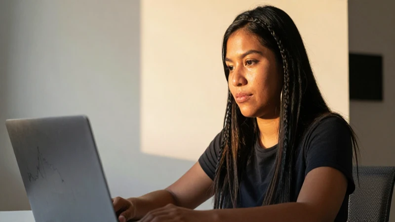 Mexicana, laptop, finanzas, luz dorada cálida