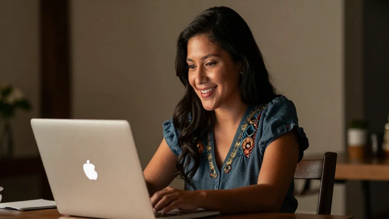 Requisitos para un préstamo en Prestamos Avance en México 6 Mujer mestiza sonriendo con laptop a la luz cálida