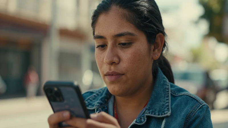 Joven mestiza usa banca móvil en la ciudad