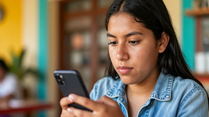 Joven mestiza con smartphone en ambiente cálido