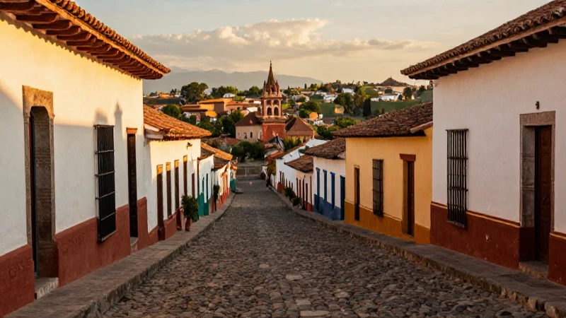 Pueblo mexicano vibrante al atardecer