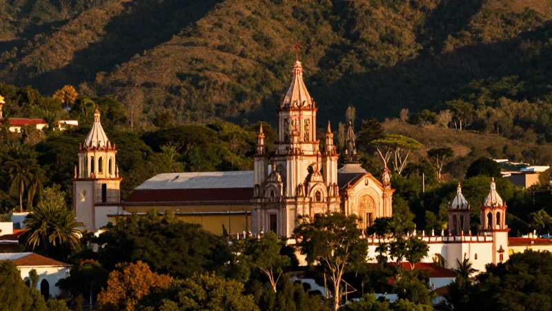 Arquitectura mexicana cálida, vista natural dorada