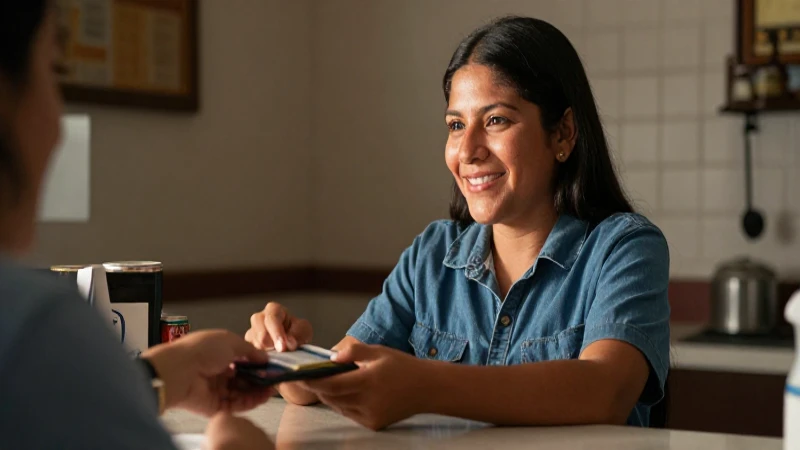 Paga la cuenta sonriendo al mostrador