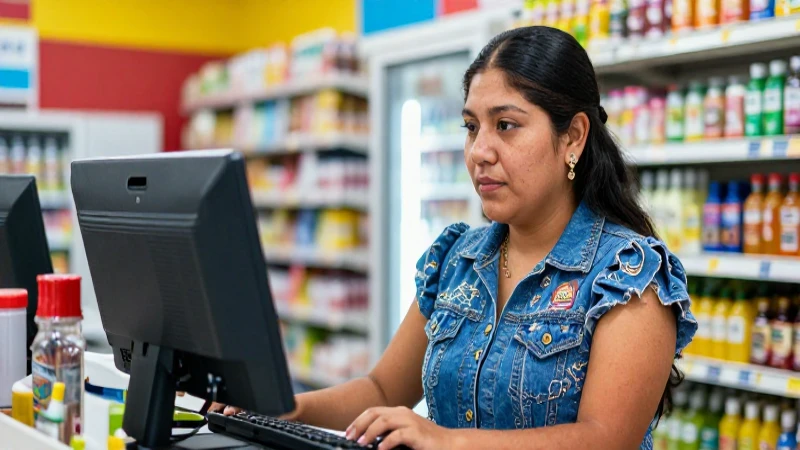 Joven mestiza trabaja en tienda colorida