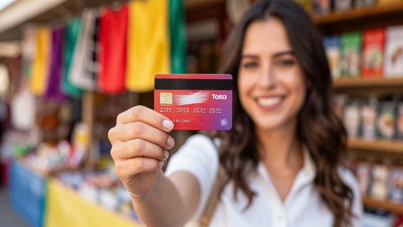 Mujer usa tarjeta en mercado colorido