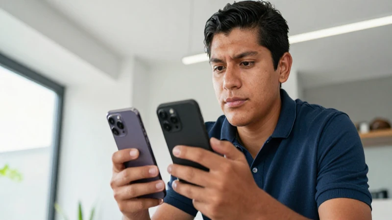 Diferencias Izzi vs Wizz y contratar Wizz Plus en México 10 Persona mestiza observa dos teléfonos en un interior moderno