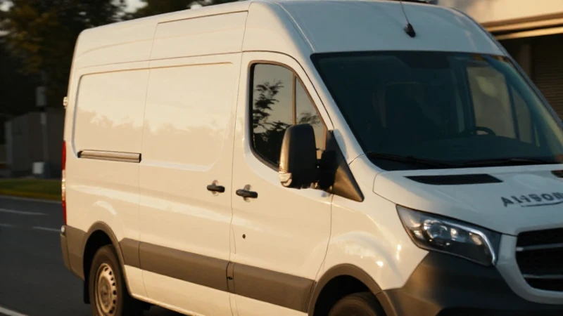 Reparto de Amazon al atardecer en una camioneta blanca