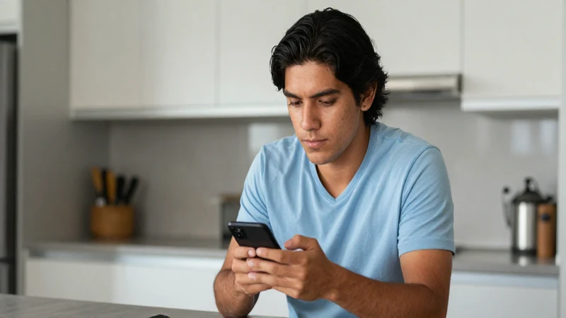 Es confiable Digitt para solicitar préstamos en México 4 Mexicano mestizo con smartphone en cocina moderna