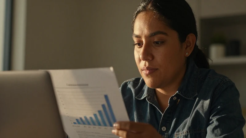 Joven mestiza revisa finanzas al atardecer