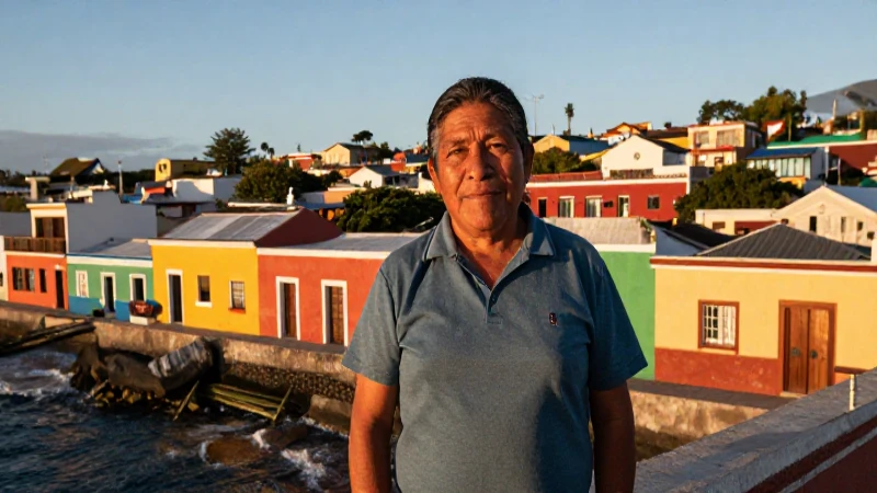 Población mestiza, pueblo costero colorido, luz dorada