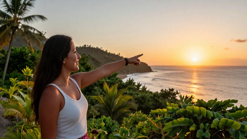 Mujer sonriente mira el horizonte tropical