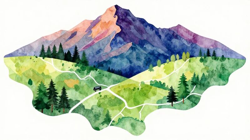 Paisaje montañoso, mapa colorido y acuarela