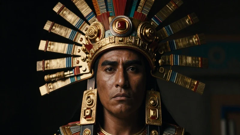 Retrato fotorealista de Moctezuma con riqueza imperial